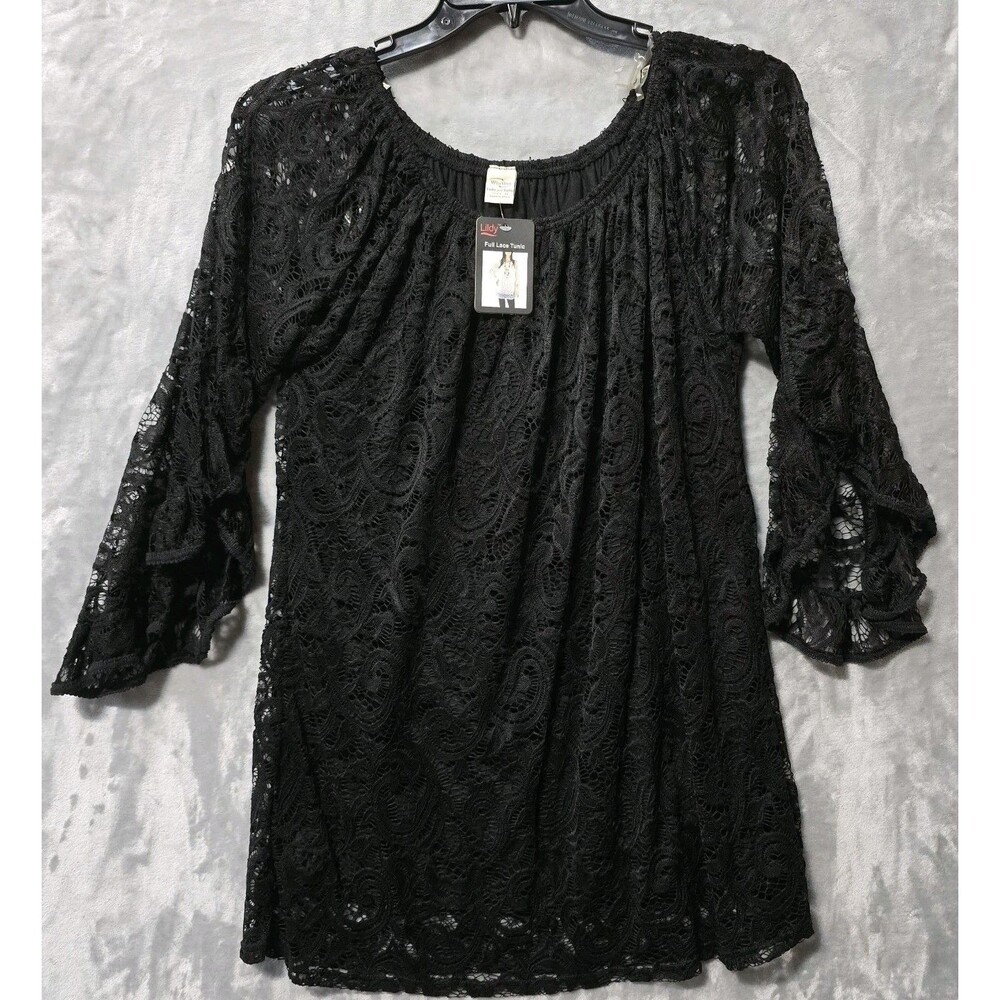 Lildy Full Lace Blouse Womens Black L-XL Ruffle Sleeve Lined Witchy Whimsigoth